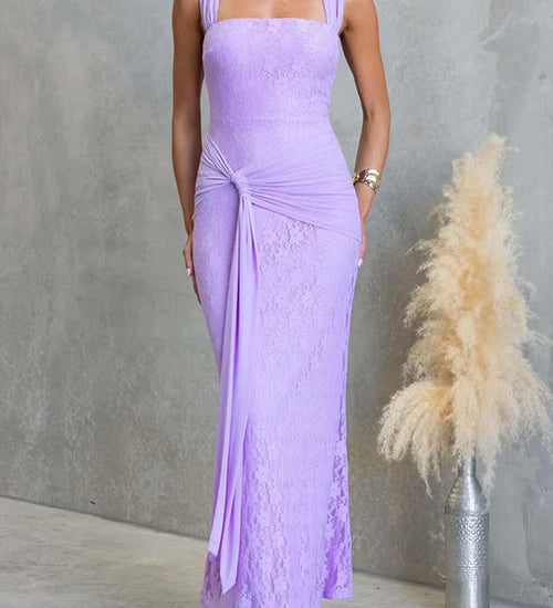 Square Neck Sleeveless Ruched Knot Lace Maxi Dress