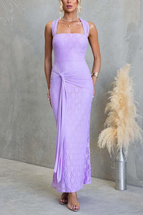 Square Neck Sleeveless Ruched Knot Lace Maxi Dress