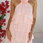 Margovil Flower Halter Neck Backless Ruffle Layered Mini Dress