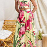 Sleeveless Crop Top and Wide Leg Pants Printed Set