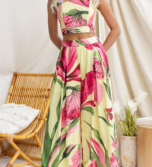 Sleeveless Crop Top and Wide Leg Pants Printed Set
