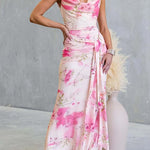 Cowl Neck Criss Cross Backless Floral Print Knot Waist Maxi Dress