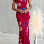 Asymmetrical Shoulder Floral Print Bodycon Maxi Dress