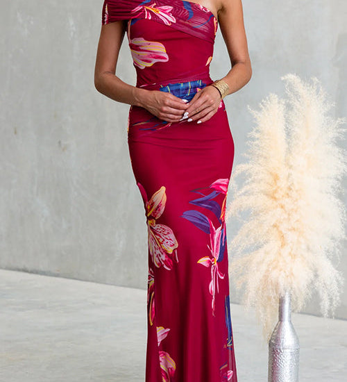 Asymmetrical Shoulder Floral Print Bodycon Maxi Dress