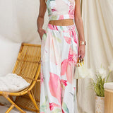 Sleeveless Crop Top High Rise Wide Leg Pants Printed Set