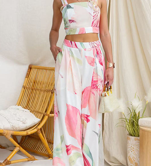 Sleeveless Crop Top High Rise Wide Leg Pants Printed Set