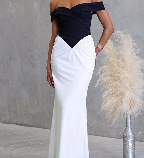Off Shoulder Zipper Back Color Block Maxi Dress