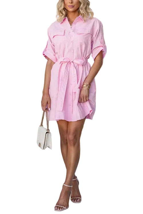 Rolled Up Sleeves Bow Waist Pocketed Mini Shift Dress