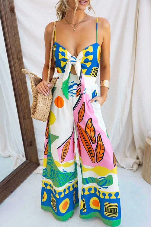 Margovil Spaghetti Strap Cut Out Unique Print Wide Leg Jumpsuit