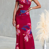 Asymmetrical Shoulder Floral Print Bodycon Maxi Dress