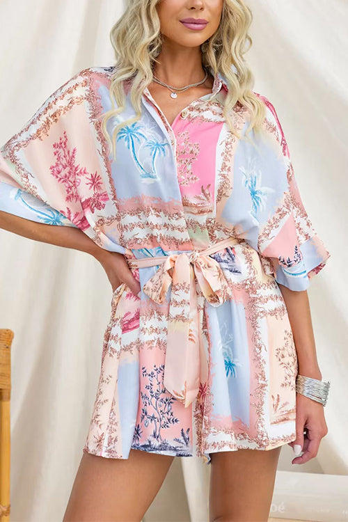 Half Sleeves Button Up Bow Waist Printed Romper