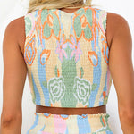 Crewneck Smocked Drawstring Printed Crop Tank Top