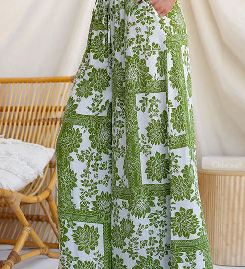 Elastic Waist Floral Print Pocketed Wide Leg Pants