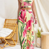 Sleeveless Crop Top and Wide Leg Pants Printed Set
