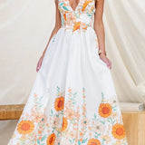 Halter V Neck Lace-up Backless Sunflower Print Maxi Dress