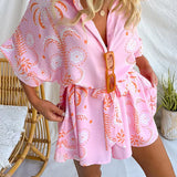 Short Sleeves Button Up Bow Waist Floral Print Romper