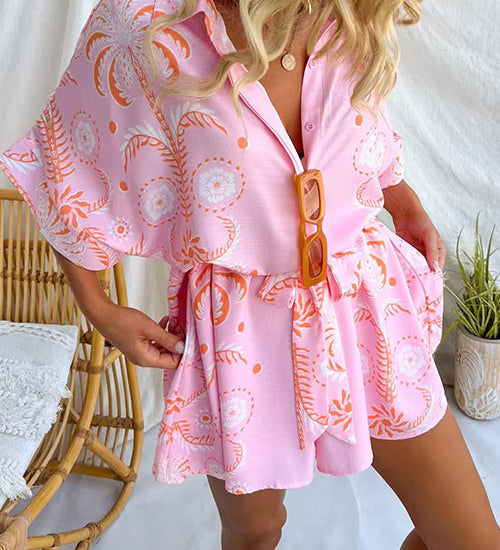 Short Sleeves Button Up Bow Waist Floral Print Romper