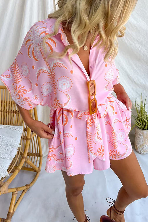 Short Sleeves Button Up Bow Waist Floral Print Romper