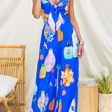 Spaghetti Strap Tie Knot Front Printed Wide Leg Jumpsuit