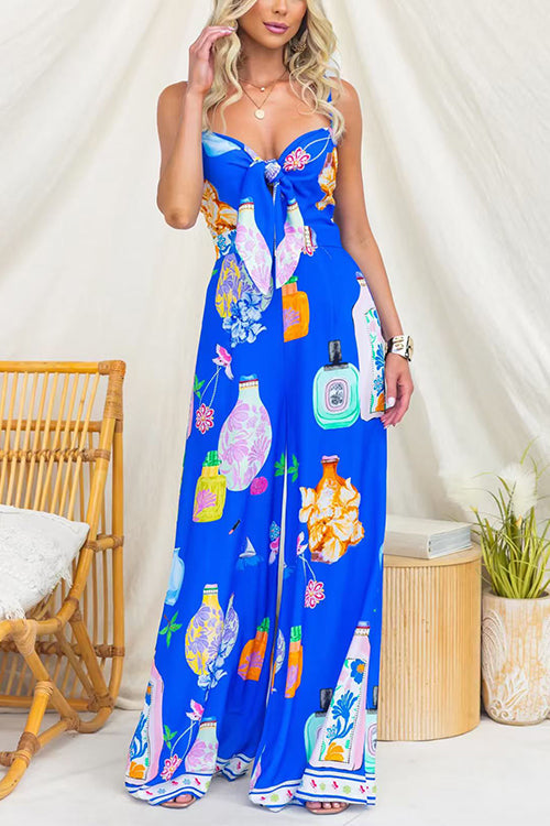 Spaghetti Strap Tie Knot Front Printed Wide Leg Jumpsuit