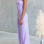 One Shoulder Cut Out Waist Floral Print Draped Maxi Dress