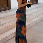 Strapless Cut Out Waist Back Slit Printed Maxi Dress