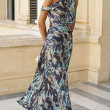 Asymmetrical Shoulder Printed Ruffle Hem Flowy Maxi Dress