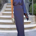 One Shoulder Long Sleeve Side Slit Satin Maxi Dress