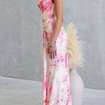 Cowl Neck Criss Cross Backless Floral Print Knot Waist Maxi Dress