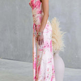 Cowl Neck Criss Cross Backless Floral Print Knot Waist Maxi Dress