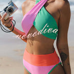 Summer Brights Ribbed Color Block Cross Halter Neck High Rise Bikini Swimsuit