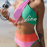 Summer Brights Ribbed Color Block Cross Halter Neck High Rise Bikini Swimsuit