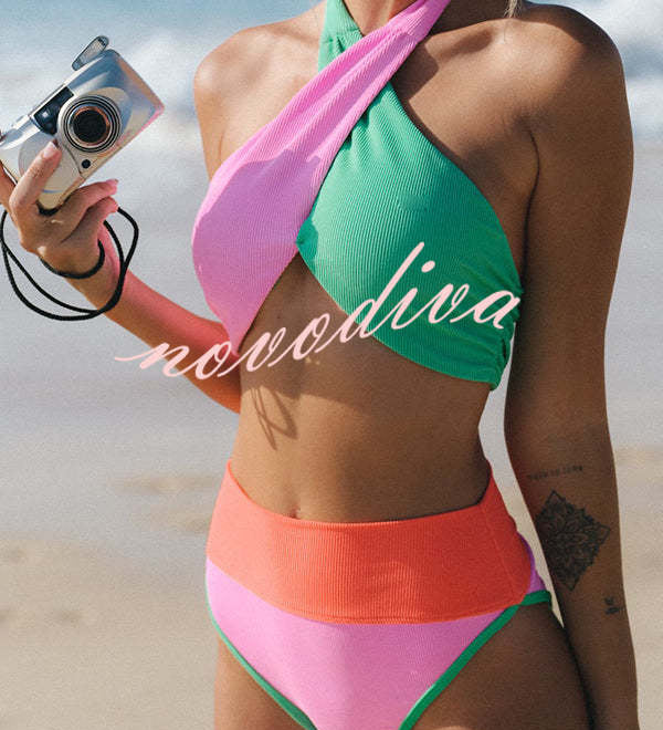 Summer Brights Ribbed Color Block Cross Halter Neck High Rise Bikini Swimsuit
