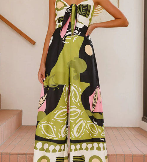 Margovil Tie Front Cut Out Wide Leg Printed Cami Jumpsuit