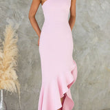 One Shoulder Irregular Ruffle Hem Bodycon Maxi Dress