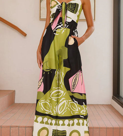 Margovil Tie Front Cut Out Wide Leg Printed Cami Jumpsuit