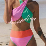 Summer Brights Ribbed Color Block Cross Halter Neck High Rise Bikini Swimsuit