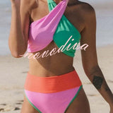 Summer Brights Ribbed Color Block Cross Halter Neck High Rise Bikini Swimsuit