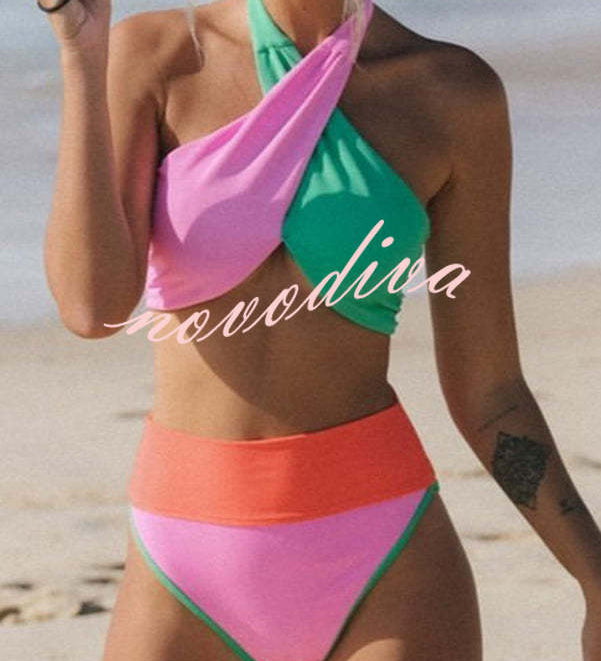 Summer Brights Ribbed Color Block Cross Halter Neck High Rise Bikini Swimsuit