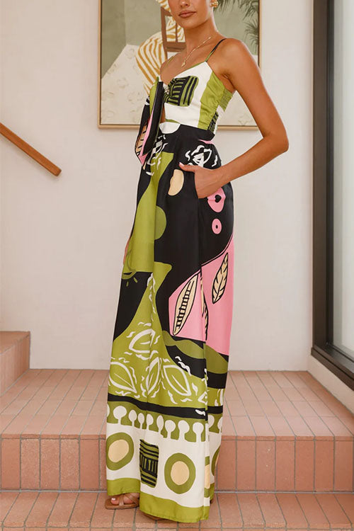 Margovil Tie Front Cut Out Wide Leg Printed Cami Jumpsuit