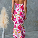 Halter Sleeveless Ruffle Hem Slit Floral Print Maxi Dress
