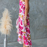 Halter Sleeveless Ruffle Hem Slit Floral Print Maxi Dress
