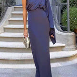 One Shoulder Long Sleeve Side Slit Satin Maxi Dress