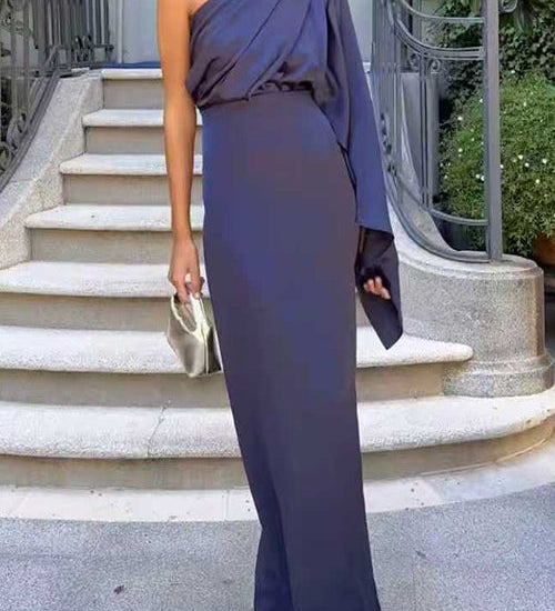 One Shoulder Long Sleeve Side Slit Satin Maxi Dress