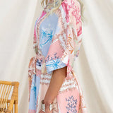 Half Sleeves Button Up Bow Waist Printed Romper