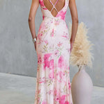 Cowl Neck Criss Cross Backless Floral Print Knot Waist Maxi Dress