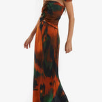 Strapless Cut Out Waist Back Slit Printed Maxi Dress