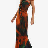 Strapless Cut Out Waist Back Slit Printed Maxi Dress