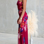 Asymmetrical Shoulder Floral Print Bodycon Maxi Dress