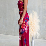 Asymmetrical Shoulder Floral Print Bodycon Maxi Dress